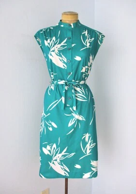 Vtg 70s Teal Green Poly Knit Tropical Hawaiian Silhouette Dress Tie Belt 8P - Image 1 of 4
