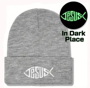 Glow-In-The-Dark JESUS Ichthus Fisch Solft schwarz Strick Beanie Mütze, Unisex Erwachsene! - Bild 1 von 2
