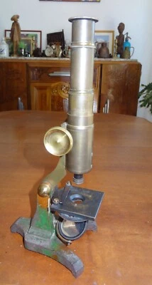 ancien microscope d'étudiant en laiton et fonte 1900 - Photo 1/4