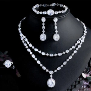 Versilbert CZ Weiß Mehrlagig Halskette Ohrringe Ring Armband Schmuck Set - Bild 1 von 8