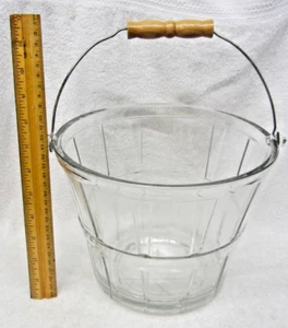 Vintage Glas ANKER HOCKING Korb Eiskübel Obst Eimer Holzgriff 7" T/9" D - Bild 1 von 7