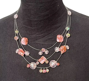 Pink Coral Necklace, Multi Strand Spaced Art Glass & Abalone/Dyed Shell Wire - Picture 1 of 6