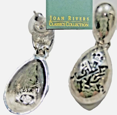 Joan Rivers Orecchini Argento Oro Bianco Smalto Nero Goccia Ovale Scatola Epoxy - Immagine 1 di 4