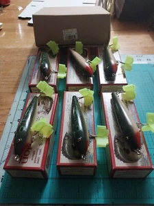 Vintage Nos Heddon Dowagiac Wood Zaragossa Glass Eyes Dealer Box Of 6 Wood Lures - Picture 1 of 20