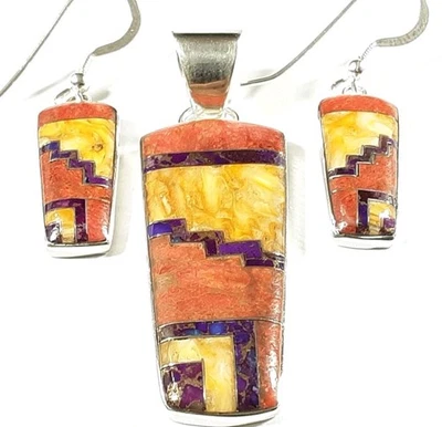 JUEGO DE PENDIENTES Y COLGANTES 925 ESTERLINA ESTILO SUROESTE ESPINOSO Y CORAL A JUEGO 10,8g Foto 1 de 3