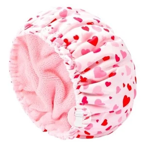 Shower Cap for Women Terry Lined Bath Cap Large Reusable Waterproof Pink Hearts - Picture 1 of 8