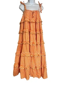Innika Choo Avens Scalloped Gingham Midi Maxi Dress Cotton ONE SIZE Iva Biigdres - Picture 1 of 6