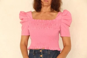 Pink dirndl crop top, Vintage ruffle cottagecore blouse, Oktoberfest style, M - Picture 1 of 9