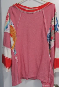 Mujer XL Multicolor Parche Rojo Rayas Tejido Costura Cruda SS Pullover Top Blusa Camisa - Imagen 1 de 11