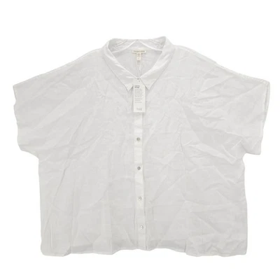 NUEVO CON ETIQUETAS EILEEN FISHER Pañuelo Orgánico Lino Manga Corta Camisa BLANCA Talla 2X Foto 1 de 4