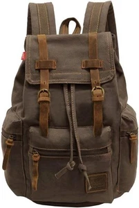 Vintage Unisex Casual Leather Backpack Canvas Rucksack Bookbag Satchel Hiking - Picture 1 of 7