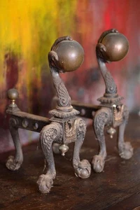 A Pair of Antique Gothic Design Fire Dogs Eagles Claw Holding Copper Ball - Picture 1 of 6