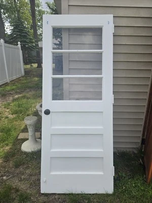 Puerta antigua de madera maciza con ventanas de cristal años 60 32 x 80 x 1 1/4 Foto 1 de 4