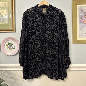 Blusa URU Art to Wear Negra Floral OS M L XL Artística Boho Kimono Terciopelo Burnout - Imagen 1 de 6