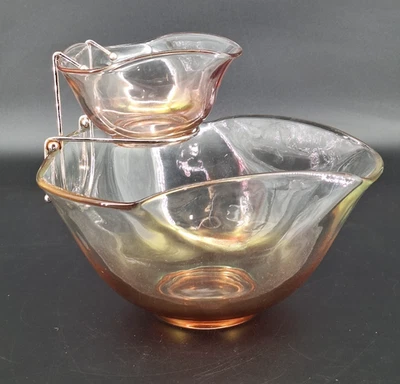 3 Pc Indiana Glass Ruby Cranberry Clear Chip & Dip Bowls w/ Tie Metal Holder MCM - Image 1 of 4