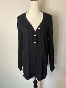 Free People Beach Venice schwarzer gerippter Pullover Henley Oversize Oberteil Gr. Medium - Bild 1 von 9
