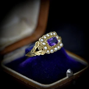 Natural Emerald Cut African Amethyst & Pearls Silver Victorian Engagement Ring - Picture 1 of 4