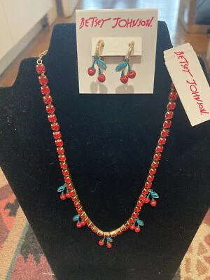 NWT Betsey Johnson CHERRY Crystal Stones Necklace with Cherry Earrings Super Set - Image 1 of 4