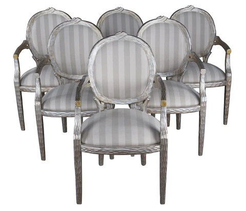 6 Italian Regency Faux Bois Branch Twig Form Silver Striped Birch Dining Chairs Cover
