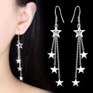 Womens Hook Earrings Exquisite Stars 925 Sterling Silver Plated Drop Dangle - Picture 1 of 7