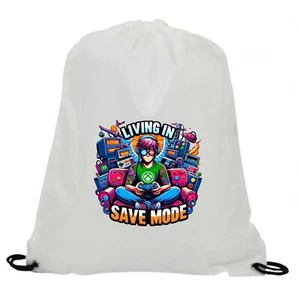 LIVING IN SAVE MODE GAMERS SUBLIMATION GYM SWIMMING PE DRAWSTRING BAG - Picture 1 of 1