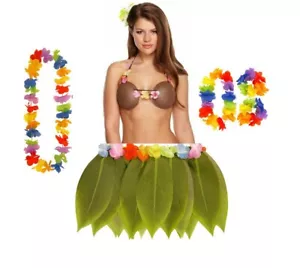 HAWAIIAN HEN FANCY DRESS COSTUME LADIES LEAF SKIRT HULA LEI GARLAND COCONUT BRA - Picture 1 of 3