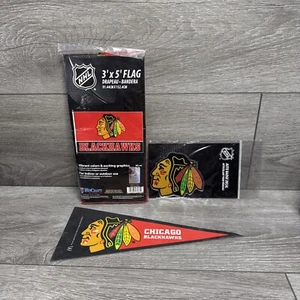 Chicago Blackhawks Black Large Flag 3 X 5 & Mini Pennant + Auto Decal Bundle Lot - Picture 1 of 9