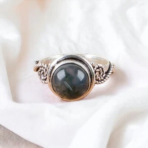 Moss Agate Natural Gemstone Ring for Women 925 Sterling Silver Gift - Picture 1 of 5