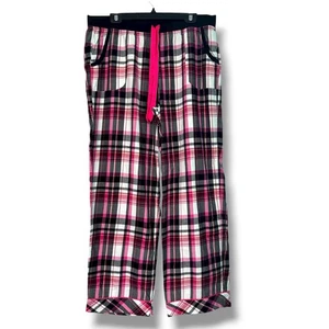 Y2K Victoria Secret Pyjamahose Pink L rosa kariert Flanell Kordelzug Taschen - Bild 1 von 9