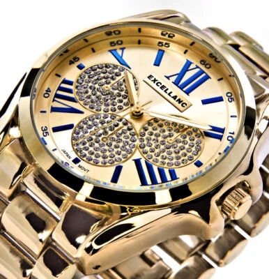 Große Excellanc Uhr Damen Armband Frauen Uhr Gold Farben Glitter Metall 036-11 - Bild 1 von 4