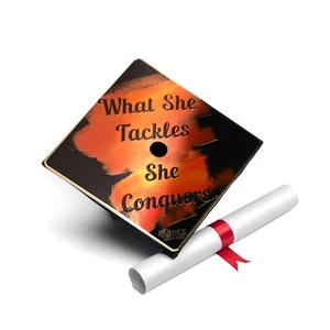 Aluminum Graduation Cap Decorations, Cap Topper - What She Tackles She Conquers - Picture 1 of 4