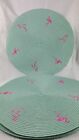 FOUR PINK FLAMINGO 15" ROUND EMBROIDERED BLUE PARTY TIME PLACEMATS EUC 