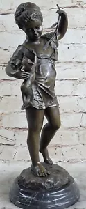 FIRMADO NIÑA LAPORTE JUGANDO CON GATO ESCULTURA BRONCE ESTATUA DE ARTE DECORACIÓN - Imagen 1 de 10
