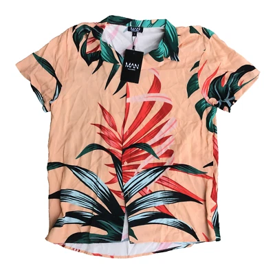 Nuevo con etiquetas Boohoo Hombre Estampado Hojas Grandes Manga Corta Playa Viscosa Naranja Foto 1 de 4