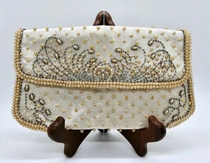 Vintage Clutch Champagne Satin Pearls Silver Beaded Envelope Purse Made in Japan - Picture 1 of 5