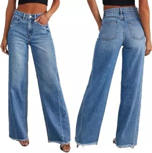 Damen Wide Leg Jeans High Waist Strechy Raw Hem Denim - Bild 1 von 6