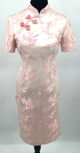 Antique Womens Short Sleeve Cherry Blossom Oriental Qipao Dress Small Pink Satin - Picture 1 of 12