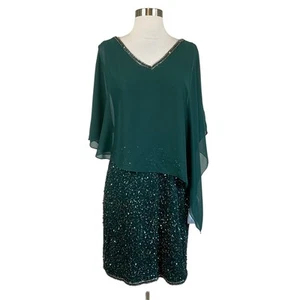 JKara Women's Cocktail Dress Size 6 Green Sequined Asymmetric Caped Mini Sheath - Picture 1 of 12