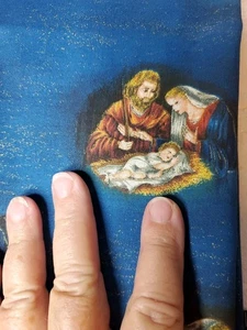 Vntg Sewing Fabric VIP Christmas Nativity Blue Gold Sparkle Mary 1ydx45" Cotton - Picture 1 of 5