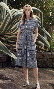 Trenery Sz 18 Cotton Short Dress Geometric Print Midi Navy & White Country Road - Picture 1 of 9