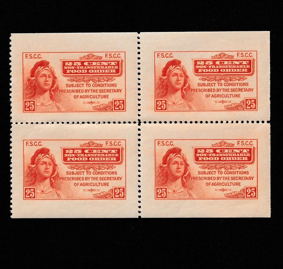 FOOD STAMP COUPON USDA 1939 2G1 BLOCK OF 4 FOOD ORDER OF 25c RED ORANGE scrip - Image 1 of 4