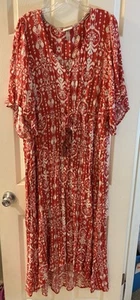 Women's Boho Maxi Red/White Print, Button Front Dress with Short Sleeves, XXL - Picture 1 of 3