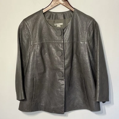 Vince Chaqueta de cuero gris crepitante chaqueta corta sin cuello forrada manga 3/4 grande Foto 1 de 4