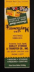 Camión de mudanza Borley Storage & Transfer Co. Aero Mayflower años 50 Hastings NE MB - Imagen 1 de 2