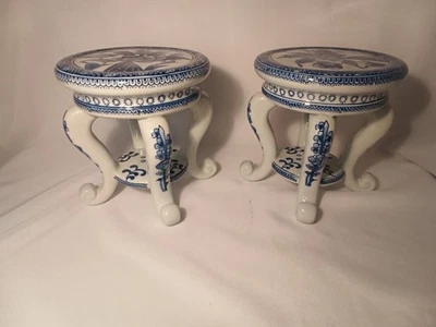 2 Vintage Chinoiserie 8"x8" Blue & White Pedestal Plant Stands Set Made In China - Image 1 of 4