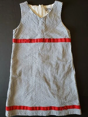 EUC Hartstrings Blue/Wht Seersucker Sleeveless Dress Red Bows Sz 8 Cotton Lined - Image 1 of 4