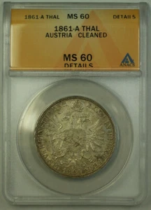 1861-A Austria Thaler Silver Coin of Francis Joseph I ANACS MS-60 Details Clnd - Picture 1 of 2
