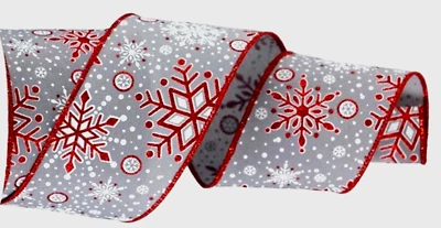 Red White Snowflakes on Gray 2.5" by 2 yds Wire Ribbon Christmas Winter Glitter - Image 1 of 4