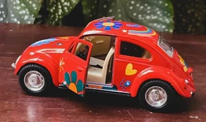 Kinsmart Model of 1967 Volkswagen Beetle Red w/ 60s Boho Designs,  Scale: 1:32 - Picture 1 of 7