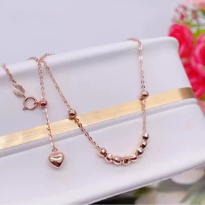 Solid 18K Rose Gold Pure AU750 O Chain Link Beads Heart Bracelet Bangle Anklet - Picture 1 of 7